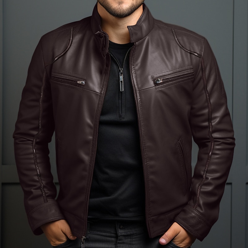 Men's Leather Jacket Transition Jacket Outdoor Windbreaker Pocket All Seasons Plain Streetwear Stand Collar Regular Faux Leather Black Brown Jacket4