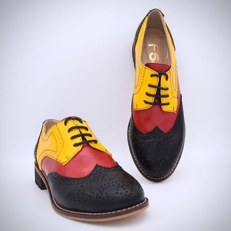Men's Vintage Brogue Oxford Shoes – Tricolor Black, Red, and Yellow Faux Leather with Classic Wingtip Detailing, Perfect for Formal or Retro-Themed Events2
