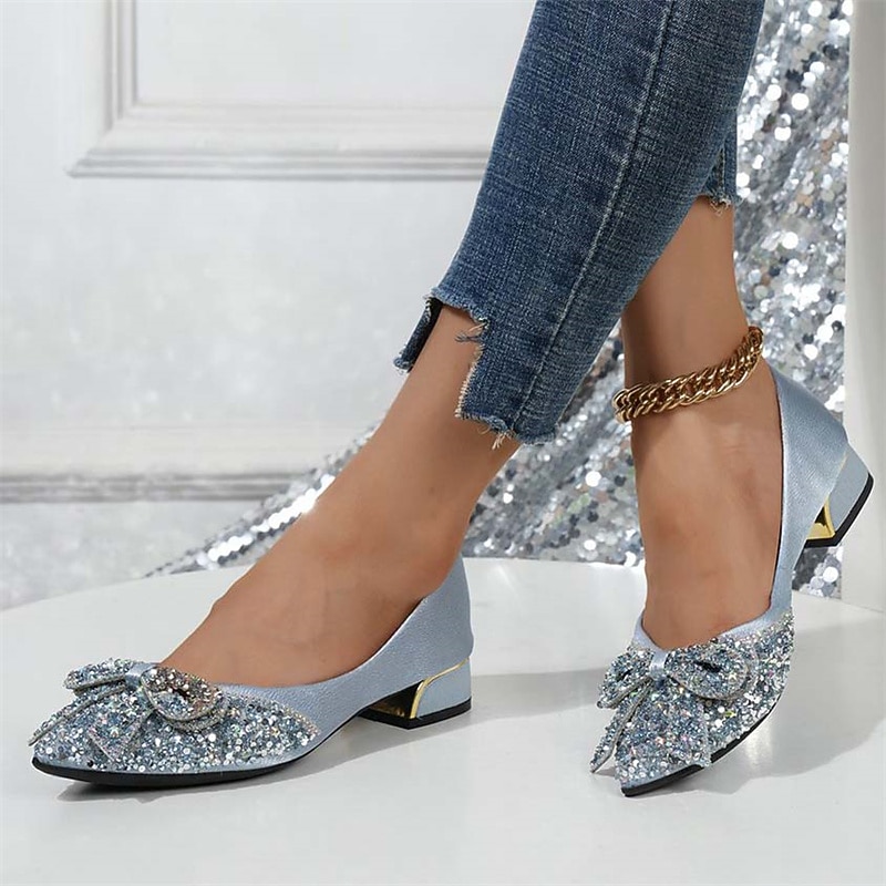 Women's Glitter Flats with Bow Detail - Elegant Rhinestone Embellished Low-Heel Shoes for Party and Formal Occasions4
