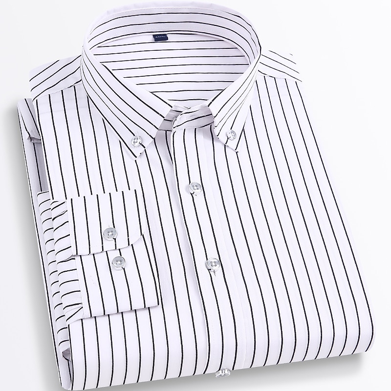 Men's Dress Shirt Button Down Shirt Non Iron Shirt Striped Shirt Stretch Stripe Wedding Office & Career Black White Yellow Dark Navy Long Sleeve Shirt Collar All Seasons Clothing Apparel Print3
