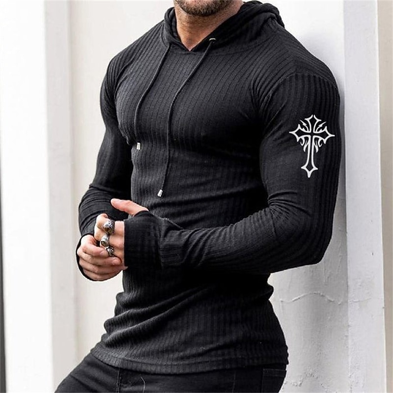 Men's Graphic Cross T Shirt Long Sleeve T shirt 3D Print Hooded Shirt Fashion Daily Casual Casual Holiday Going out Black Blue Gray Spring &  Fall Clothing Apparel S M L XL XXL 3XL4