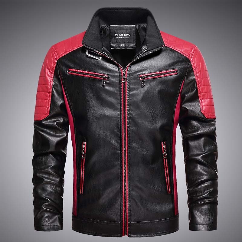Men's Faux Leather Jacket Motorcycle Jacket Windcheater Jacket Outdoor Camping & Hiking Waterproof Windbreaker Zipper Pocket Fall Winter Color Block Fashion Streetwear Lapel Regular Black Red Coffee2