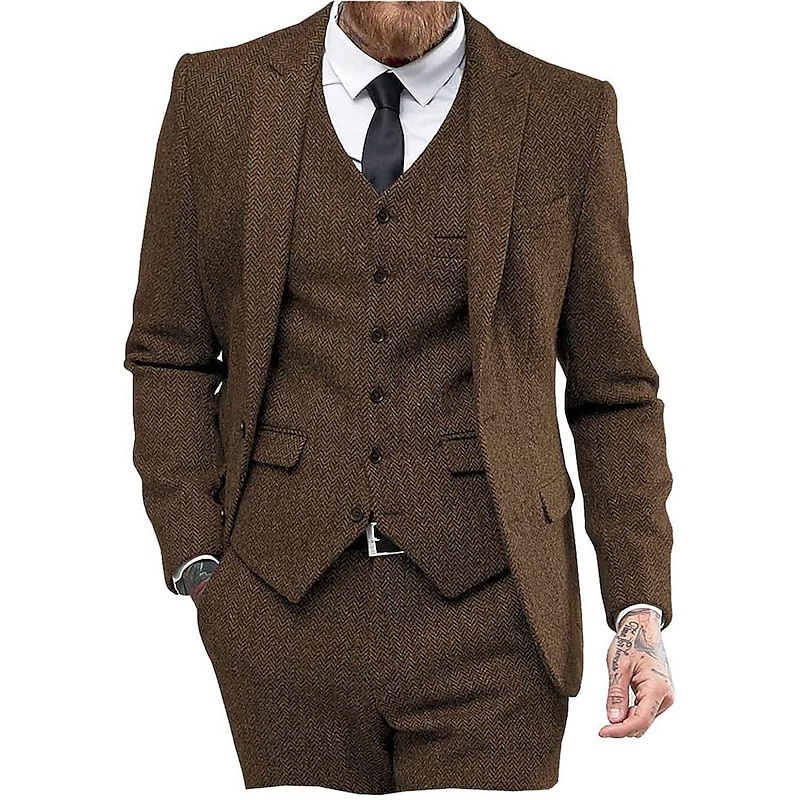 Men's Wedding Suits Notch Dark Navy Brown Solid Colored Tailored Fit 3 Piece Single Breasted Two-buttons