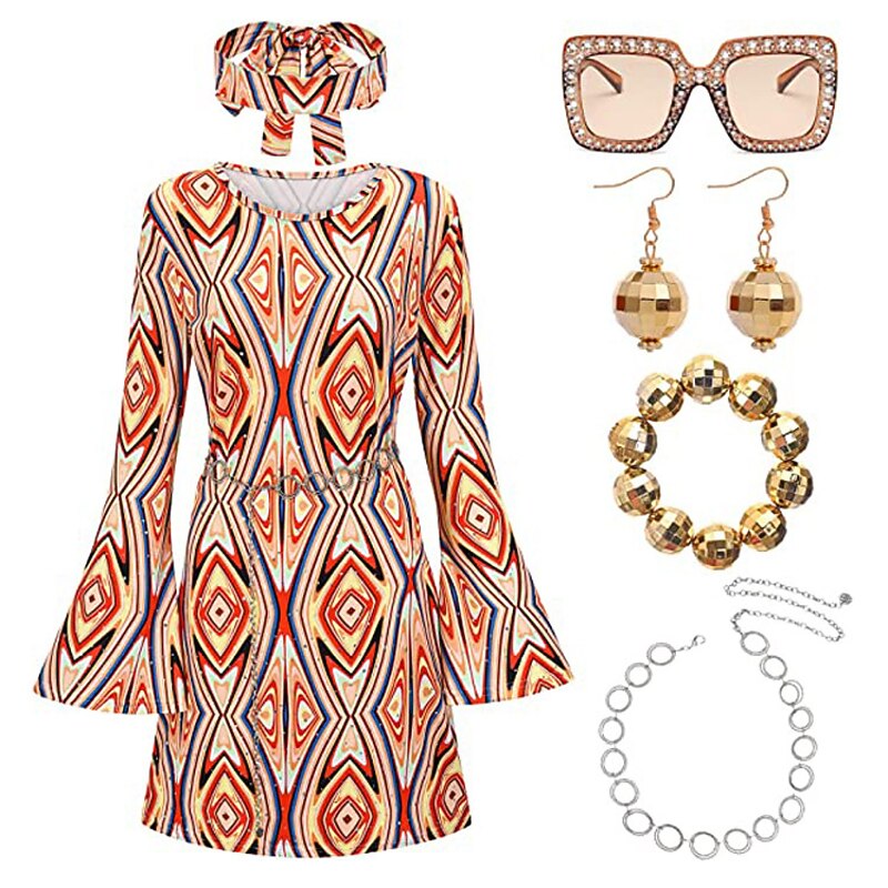 Retro Vintage 1970s Disco Dress Headband Accesories Set Flare Cuff Sleeve Hippie Printing Fancy Dress Women's Masquerade Party Party / Evening Pride Parade Adults' Dress More Accessories Headband2