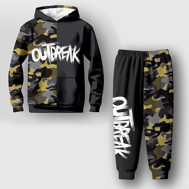 Boys 3D Camo Letter Hoodie & Sweatpants Set Set Long Sleeve 3D Printing Fall Winter Active Fashion Cool Kids 3-12 Years Outdoor Vacation Street Regular Fit