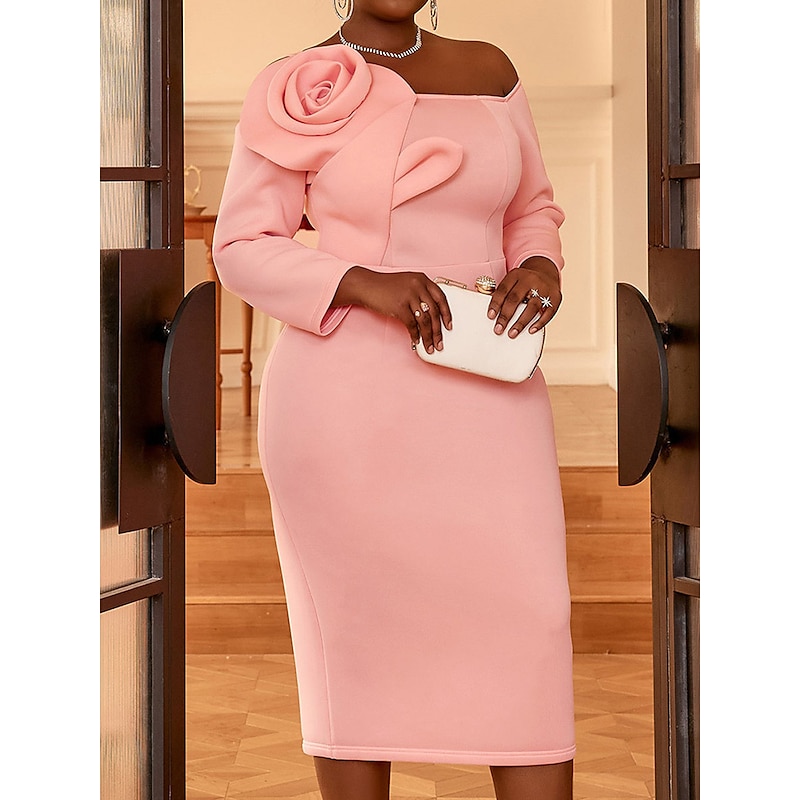 Women's Plus Size Curve Party Dress Bodycon Sheath Dress Plain Midi Dress Long Sleeve Split Off Shoulder Fashion Party Pink Fall Winter XL XXL 3XL 4XL