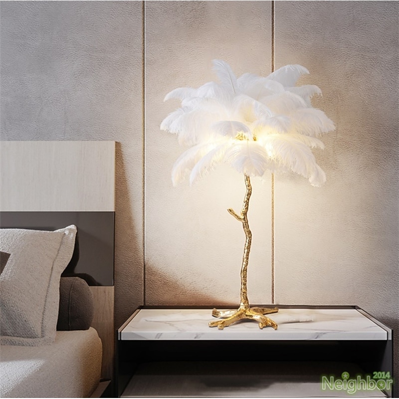 Ostrich Feather Bedside Lamp Modern Table Lamp for Living Room Bedroom Bar Restaurant Warm White/White 110-240V3