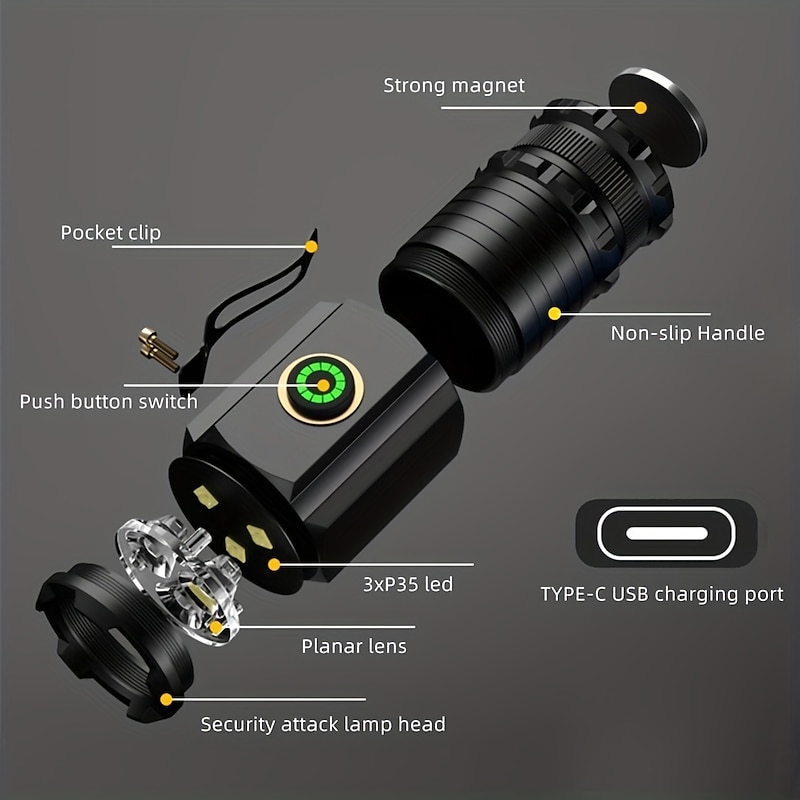 High Power Led Mini Flashlight, Strong Magnetic Tail LED Torch with 3 LED and Self-defense Lamp 5 Lighting Modes Bright Suitable for Outdoor Hiking Lights4