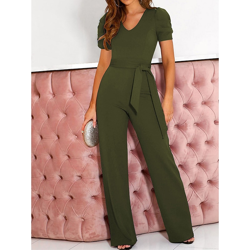 Women's Jumpsuit Lace up Beaded Solid Color V Neck Elegant  Office Regular Fit Short Sleeve Black Army Green Red S M L Fall4