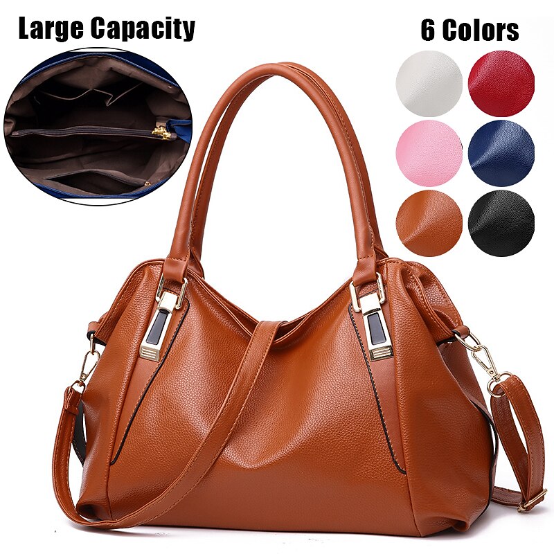 Women's Black Faux Leather Handbag with Top Handles and Shoulder Strap, Elegant Large-Capacity Tote Bag for Work, Travel, and Daily Office Use