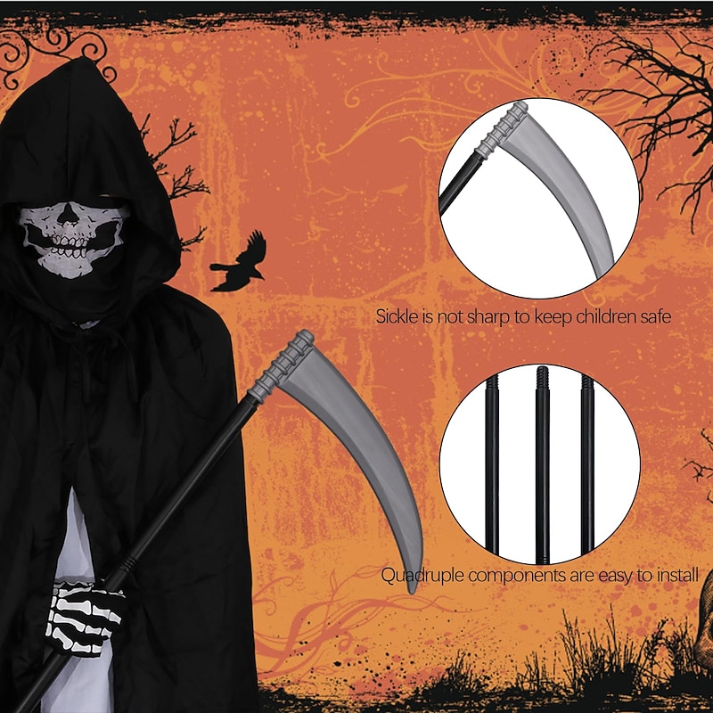 Halloween Grim Reaper Costume Skeleton Skull Outfits 4 PCS Cape with Hood Cloak Plastic Scythe Skull Mask Easy Halloween Costumes Carnival for Men Adults4