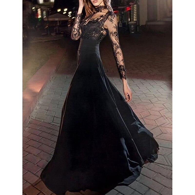 A-Line Evening Gown Vintage Dress Masquerade Floor Length Long Sleeve High Neck Black Dress Chiffon with Appliques3
