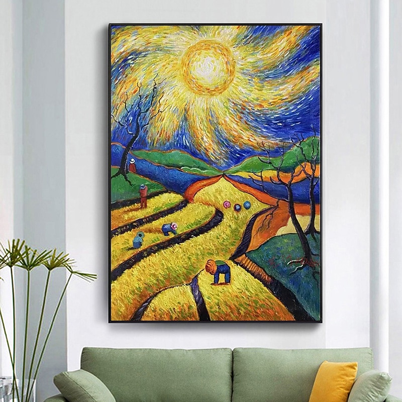 Original Starry Sky Oil Painting on Canvas Textured Wall Art Abstract Impressionism Harvest Painting Yellow Landscape Art Decor Bedroom Wall Decor (No Frame)3