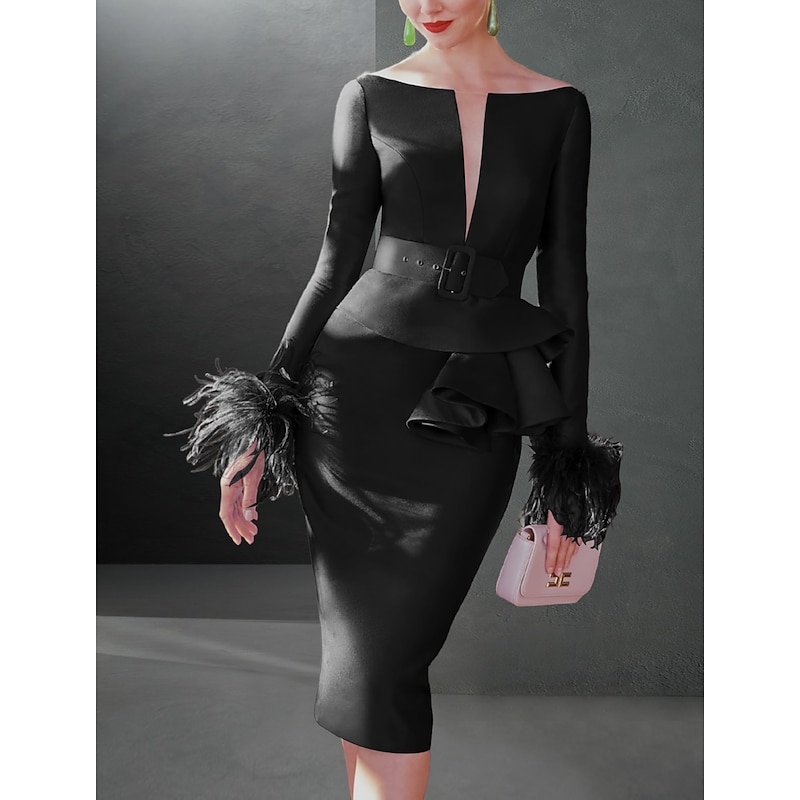 Sheath Cocktail Dresses Elegant Dress Formal Fall Knee Length Long Sleeve V Neck Belt / Sash Stretch Fabric with Feather Ruffles Race Day Dress free custom size