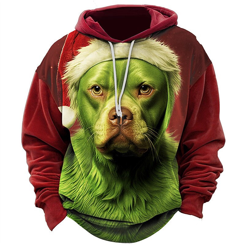 Christmas Men's Christmas animal 3D Hoodies Graphic Dog Prints Daily Classic Casual 3D Pullover Holiday Wearing Santa Hat Green Cotton3