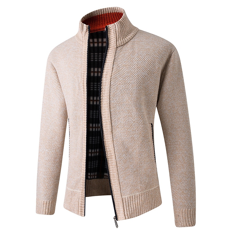 Men's Cardigan Sweater Zip Sweater Ribbed Knit Regular Pocket Knitted Plain Stand Collar Warm Ups Modern Contemporary Daily Wear Going out Clothing Apparel Winter Wine Red Black S M L2