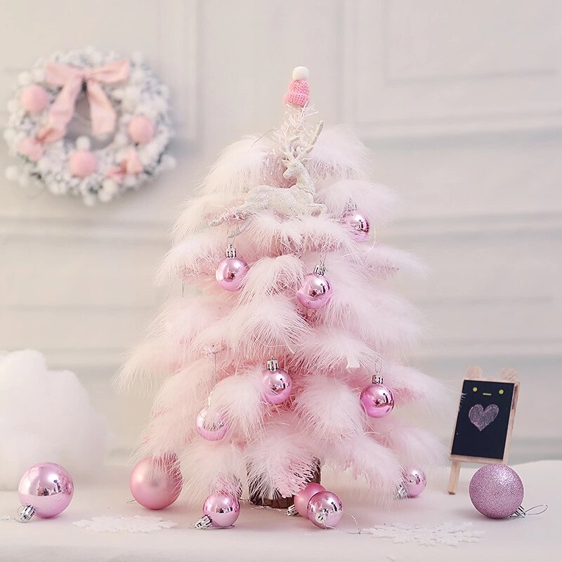 45CM Pink Feather Christmas Tree Set Blue Christmas Tree Decorative Ornaments Mini Christmas Tree New Year's Eve Decorative Desktop Decoration Holiday Creative Gift3