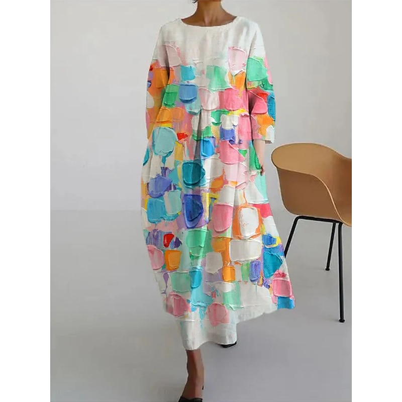 Women's Maxi Dress Pink Red Spring Fall Winter Loose Dress Casual Vacation Linen Like Weekend Loose Fit Flower Crew Neck2