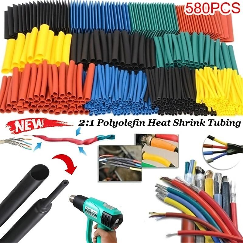 580pcs Heat Shrink Tube 2:1 Shrinkable Wire Shrinking Wrap Tubing Wire Connect Cover Protection with 300W Hot Air Gun