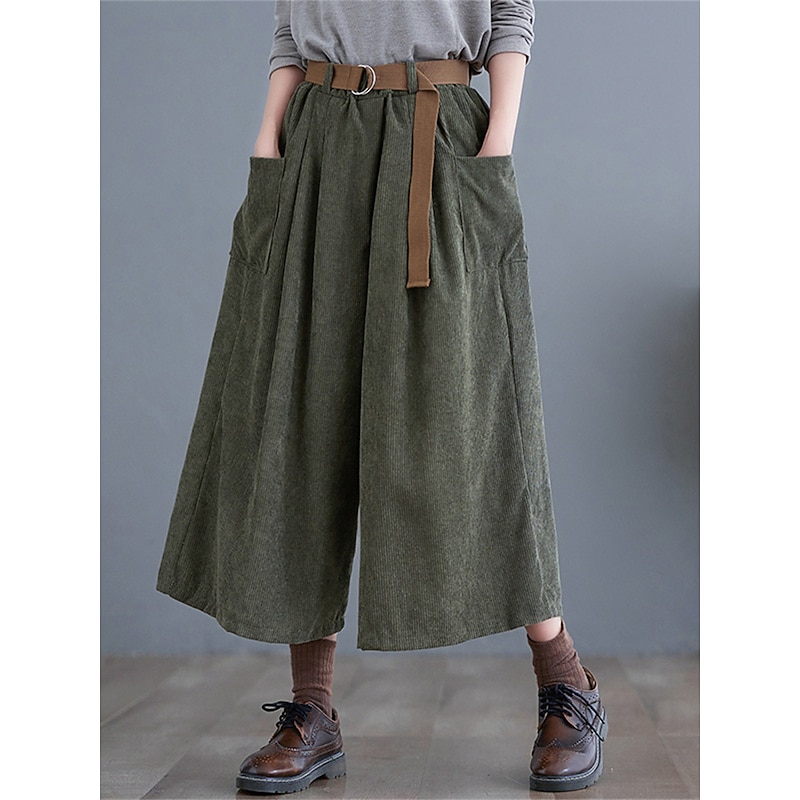 Women's Wide Leg Capri Pants Fashion Streetwear Simple Calf-Length High Waist Solid Color Pocket Elastic Waist High Cut Comfort Breathability Soft Micro-elastic Vacation Street Daily Green khaki