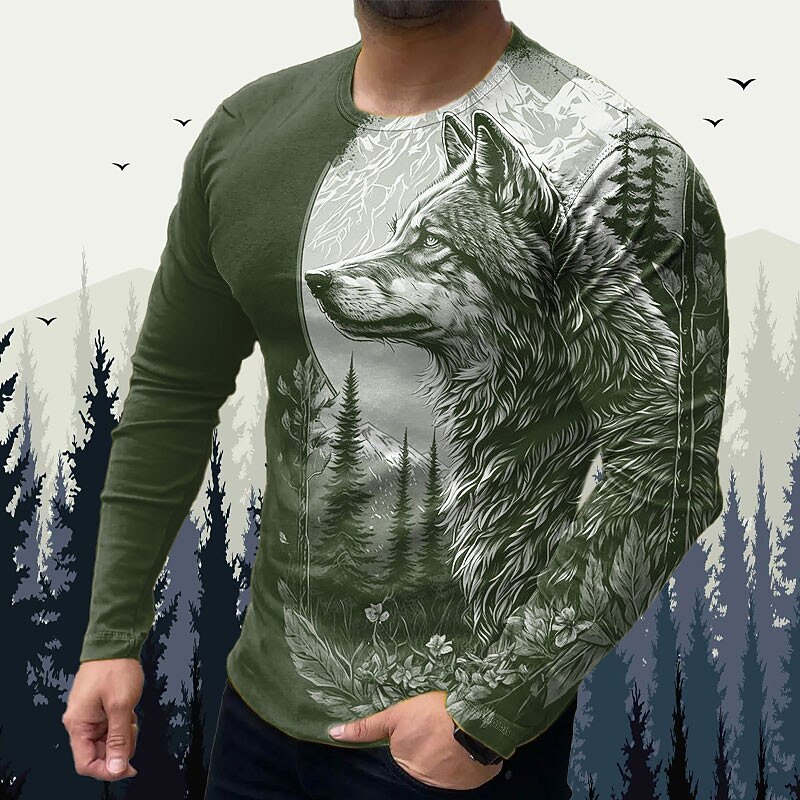 Men's Animal Wolf Graphic Prints T Shirt Graphic Tee Long Sleeve T shirt 3D Print Crew Neck Shirt Designer Basic Casual Outdoor Vacation Daily Black Yellow Blue Spring &  Fall Clothing Apparel S M L2