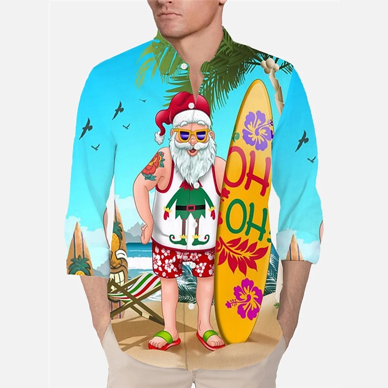 Christmas Men's Santa Claus Printed Shirts Shirts Santa Claus Elk Casual Outdoor Street Fall & Winter Turndown Long Sleeve Black Red Burgundy S M L2