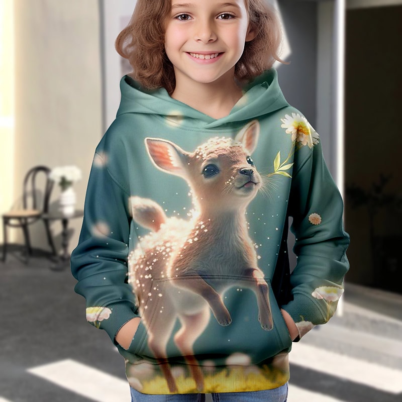 Girls' 3D Animal Cartoon Deer Christmas Hoodie Hoodie Pullover Long Sleeve 3D Print Fall Winter Active Fashion Cute Kids 3-12 Years Outdoor Casual Daily Regular Fit3