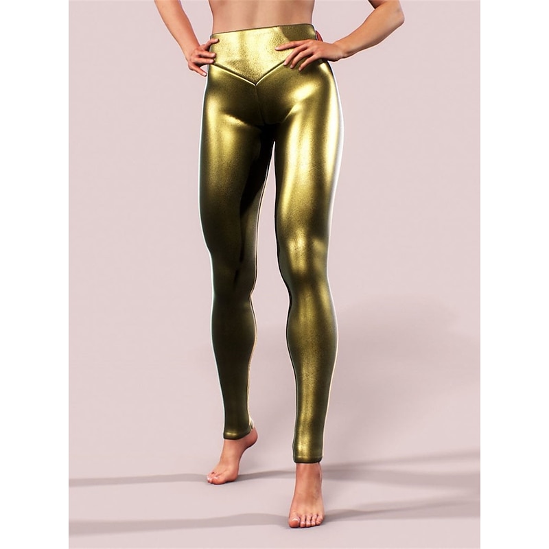 Women's Leggings Cozy Leggings Fashion Streetwear Ankle-Length High Waist Solid Color High Cut Comfort Breathability Soft Micro-elastic Vacation Party Street Black shiny leather Black Gold Fall Winter