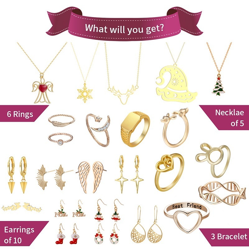 Festival Advent Calendar Blind Box,Countdown Festival Blind Box Festival Jewelry Jewelry set Blind box Ring Necklace earrings Festival 24-piece set for Christmas Gifts2
