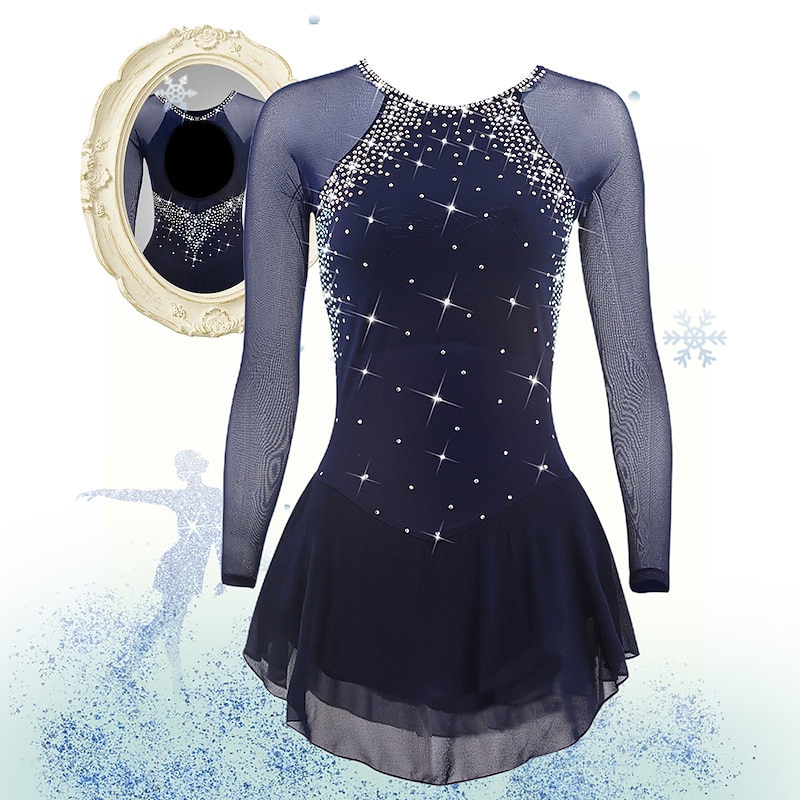 Figure Skating Dress Women's Girls' Ice Skating Dress Violet Black White Open Back Mesh Spandex High Elasticity Training Competition Skating Wear Classic Crystal / Rhinestone Long Sleeve Ice Skating