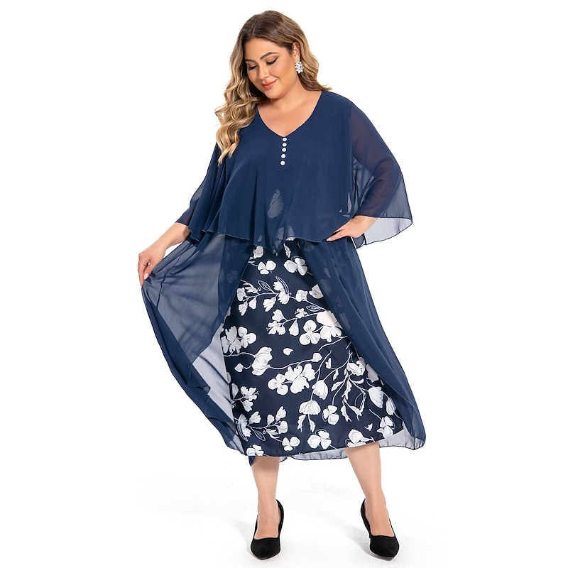 Women's Plus Size Curve Work Dress Floral V Neck Ruched 3/4 Length Sleeve Spring Summer Work Elegant Midi Dress  Layered Formal Vacation Dress3
