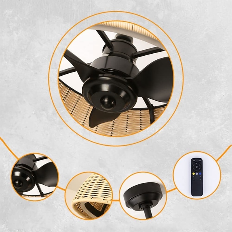 Ceiling Fan with Lights 22 Dimmable Rattan 6 Speeds Timing Reversible Blades with Remote Control Household Fan Chandelier Indoor Low Profile Flush Mount Ceiling Fan 110-240V2