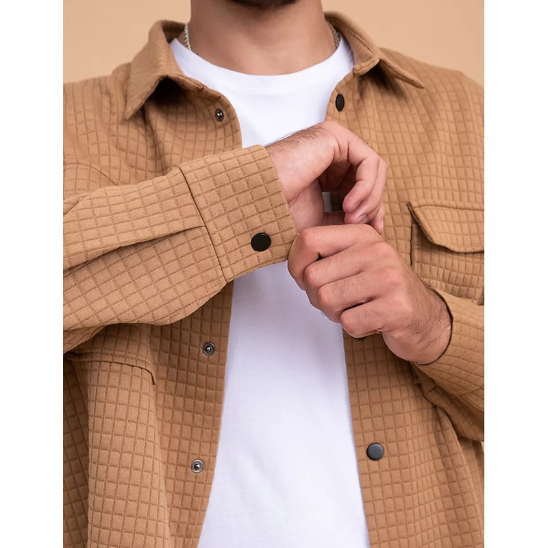 Men's Waffle Shirt Waffle Henley Shirt Shirt Jacket Overshirt Plain Outdoor Daily Wear Black White Brown Long Sleeve Lapel Fall & Winter Clothing Apparel Pocket2