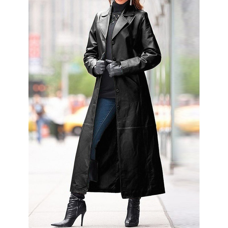 Women's Faux Leather Jacket Trench Coat Outdoor Buttons Plain Waterproof Streetwear Regular Fit Outerwear Long Sleeve Fall Black L
