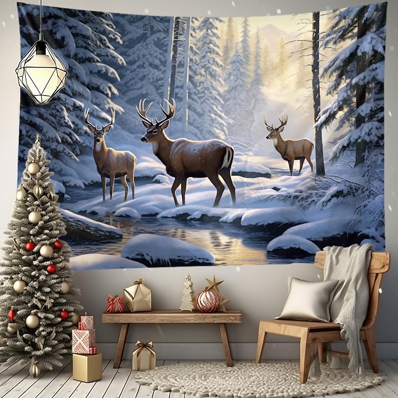 Winter Wonderland Hanging Tapestry Wall Art Large Tapestry Mural Decor Photograph Backdrop Blanket Curtain Home Bedroom Living Room Decoration Snow Reindeer 10