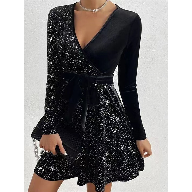 Women's Black Dress Velvet Dress Sequin Dress Velvet Sequins Glitter V Neck Long Sleeve Mini Dress Winter Dress Black Red Fall Winter