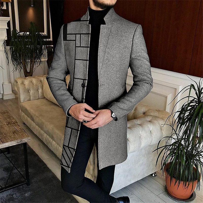 Men's Plaid Geometry Winter Coat Overcoat Coat Warm Comfortable Breathable Business Casual Work Wear to work Going out Pocket Print Fall & Winter Stand Collar Long Sleeve Black White Gray3
