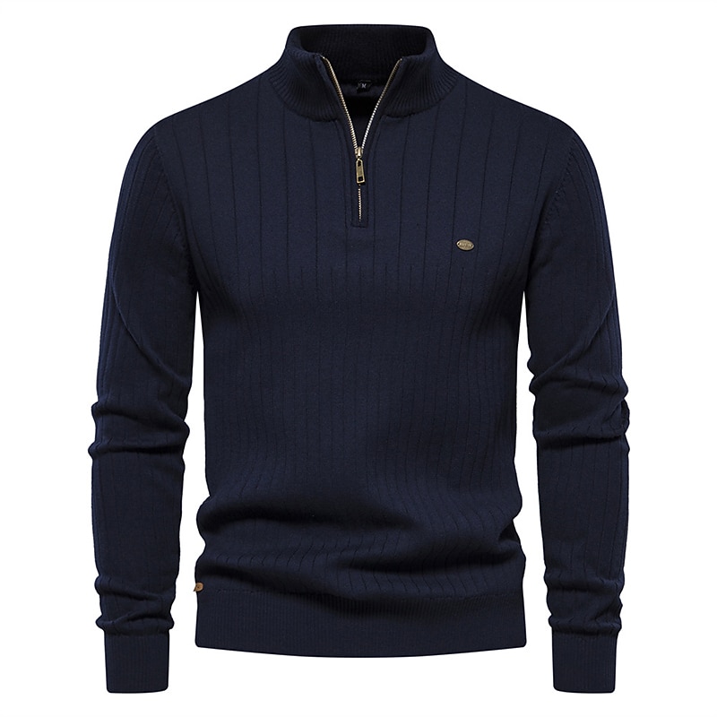 Men's Pullover Sweater Jumper Zip Sweater Pullover Polo Sweater Ribbed Knit Regular Knitted Plain Stand Collar Modern Contemporary Work Daily Wear Clothing Apparel Winter Black Dark Navy S M L