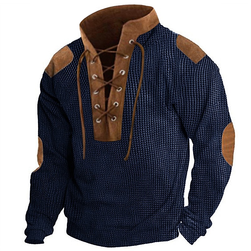 Men's T Shirt Henley Shirt Waffle Knit Tee Tee Top Long Sleeve Shirt Long Sleeve Color Block Fashion Designer Basic Patchwork Stand Collar Vacation Street Going out Spring &  Fall Black Khaki Dark2