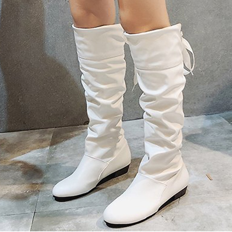 Women's White Slouch Knee-High Boots - Soft Faux Leather with Low Heel, Perfect for Casual Outings or Pairing with Dresses for a Chic Look2