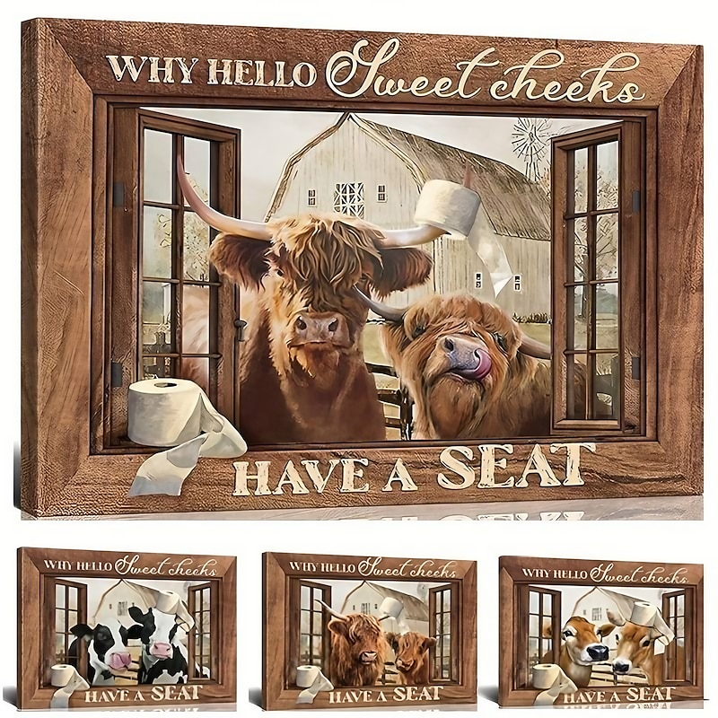 Animal Wall Art Canvas Bathroom Highland Cow Prints and Posters Pictures Decorative Fabric Painting For Living Room Pictures No Frame