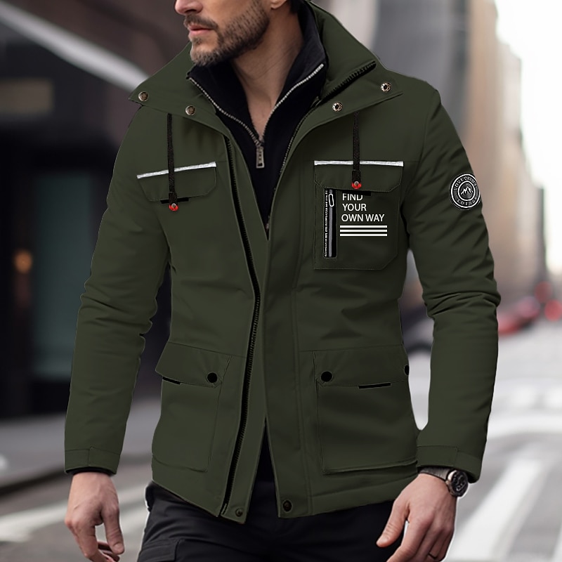 Men's Outdoor Jacket Winter Jacket Raincoat Sport Jacket Pocket Hooded Outdoor Mountain Bike Camping & Hiking Waterproof Windproof Spring Fall Letter Black White Red Army Green Puffer Jacket2