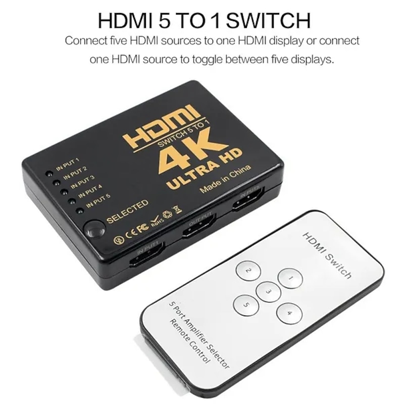 (5-In/1-Out) HDMI Switcher Supports 4K Ultra HD Resolution  Auto Switcher Box Audio/Video Adapter for TV Stick TV Box PC Stick Laptop Gaming Station Supports 4K Comes with IR Remote Control4