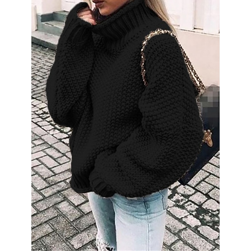 Women's Pullover Sweater Jumper Stylish Casual Soft Solid Color Ribbed Turtleneck Oversized Long Sleeve Regular Tops Knit Daily Going out Weekend Black Pink Fall Winter3