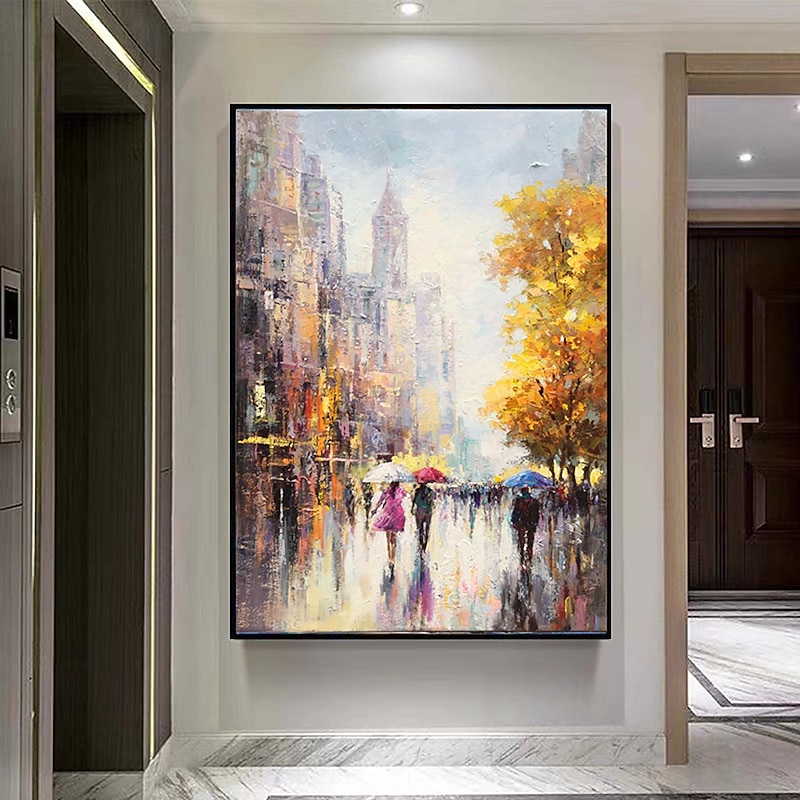 Handmade Hand Painted Modern city Oil Painting Wall art City Landscape Oil Painting Rain Day Painting Street Scenery Painting Original city art painting Decor Rolled Canvas No Frame Unstretched2