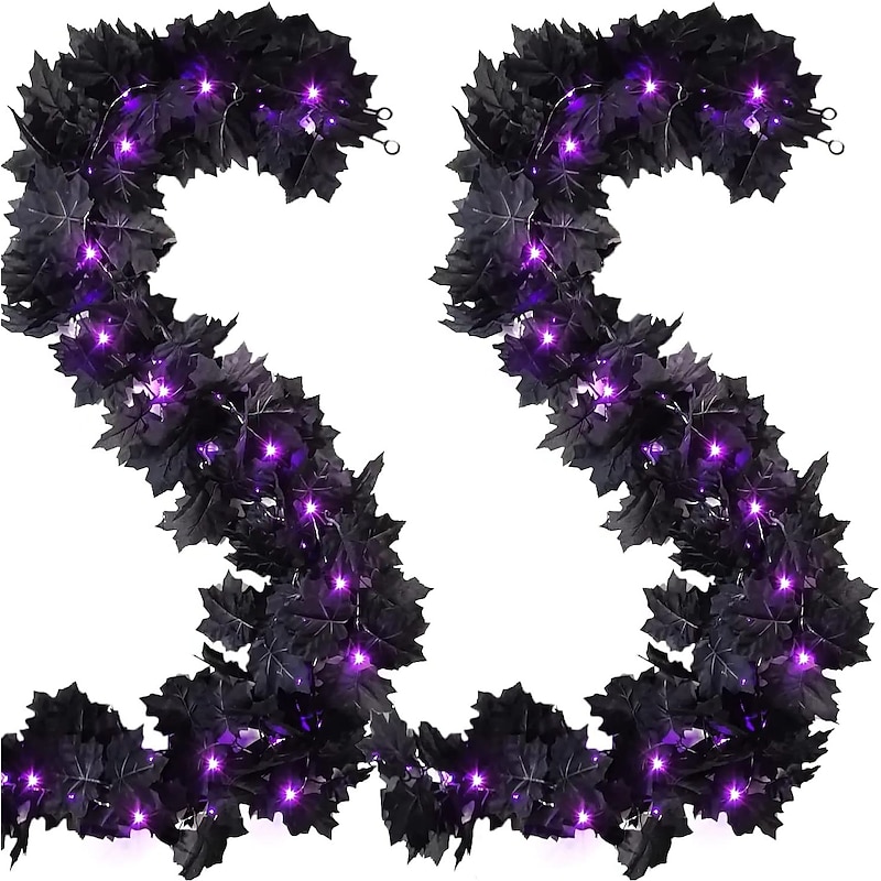 Black Garland Halloween 10FT Black Vines Maple Leaf with Purple Lights for Fireplace Stairs Party Hanging Decor2