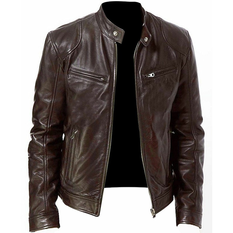 Male Faux Leather Jacket Transition Jacket Biker Jacket Outdoor clothing Casual Daily Windproof Buttons Fall & Winter Zipper Casual Crew Neck Regular Faux Leather Silver Golden Black White Yellow2