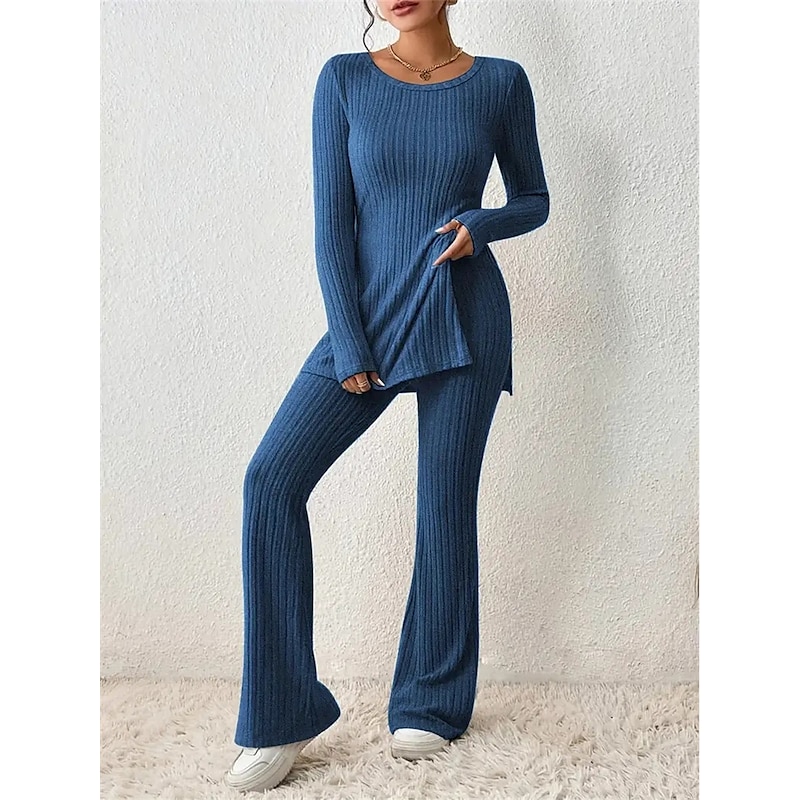 Women's Loungewear Sets Pure Color Fashion Comfort Soft Home Daily Bed Breathable Crew Neck Long Sleeve Sweater Pant Fall Winter Home Outfits 6