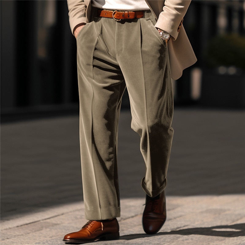 Men's Dress Pants Trousers Casual Pants Velvet Pants Front Pocket Straight Leg Plain Comfort Business Daily Holiday Fashion Chic & Modern ArmyGreen Wine2