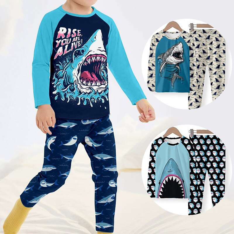 Boys 3D Shark Pajama Sets Long Sleeve 3D Print Fall Winter Fashion Cool Daily Kids 3-12 Years Crew Neck Home Causal Indoor Regular Fit
